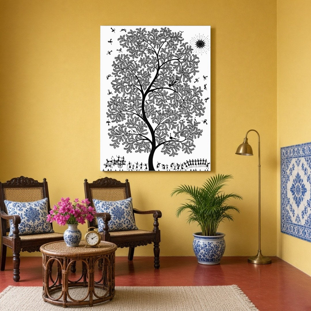 Immerse yourself in the enchanting world of Warli art with this captivating piece featuring a for Sitting Area
