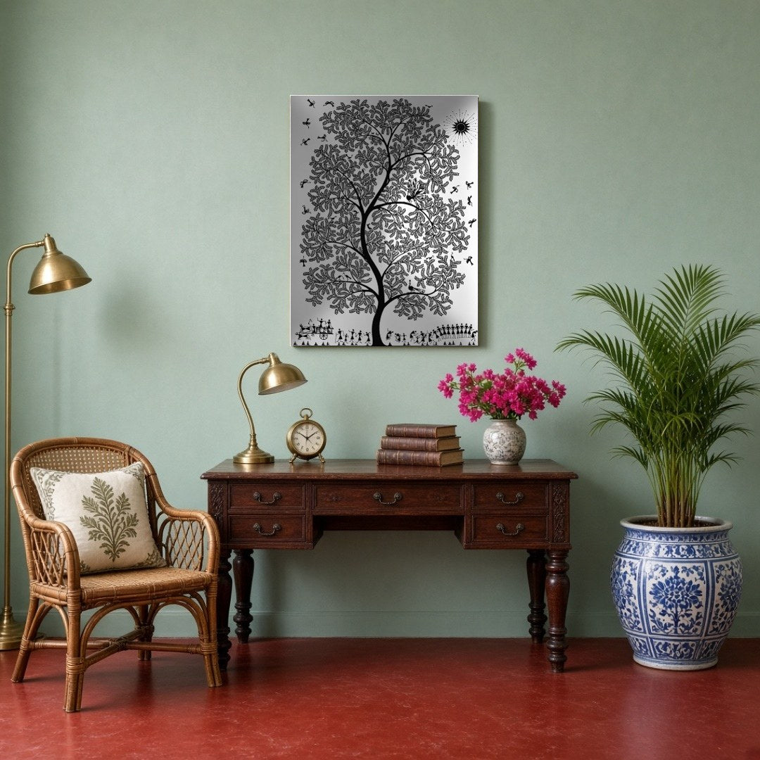 Immerse yourself in the enchanting world of Warli art with this captivating piece featuring a for Study