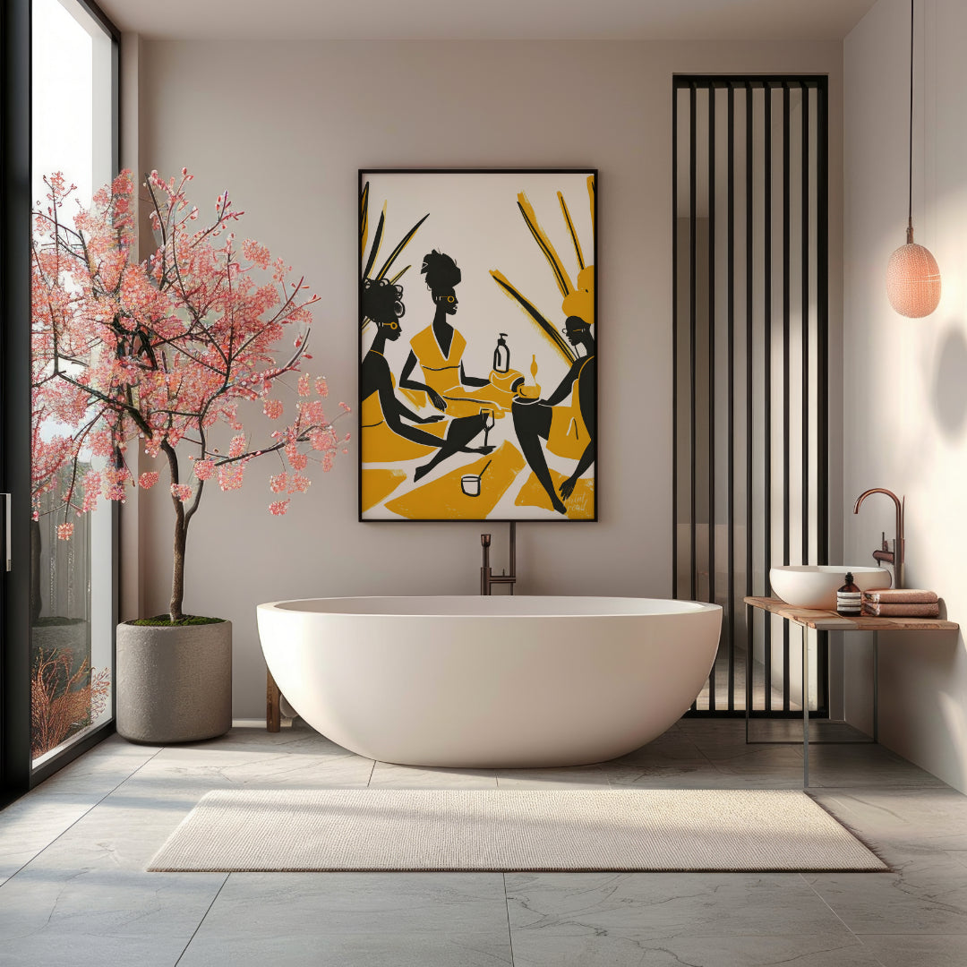 A vibrant and playful illustration depicting three women enjoying a leisurely picnic amidst a field… for bathroom