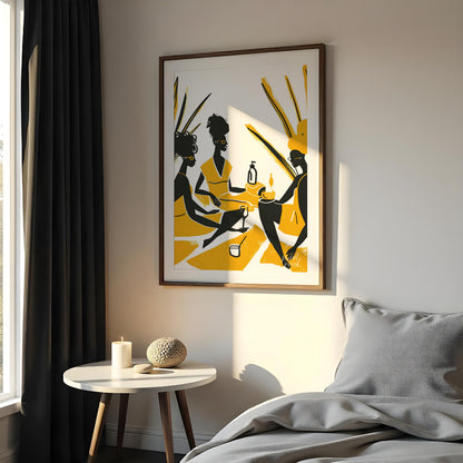 A vibrant and playful illustration depicting three women enjoying a leisurely picnic amidst a field… for bedroom
