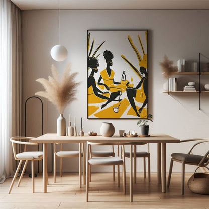 A vibrant and playful illustration depicting three women enjoying a leisurely picnic amidst a field… for dining room