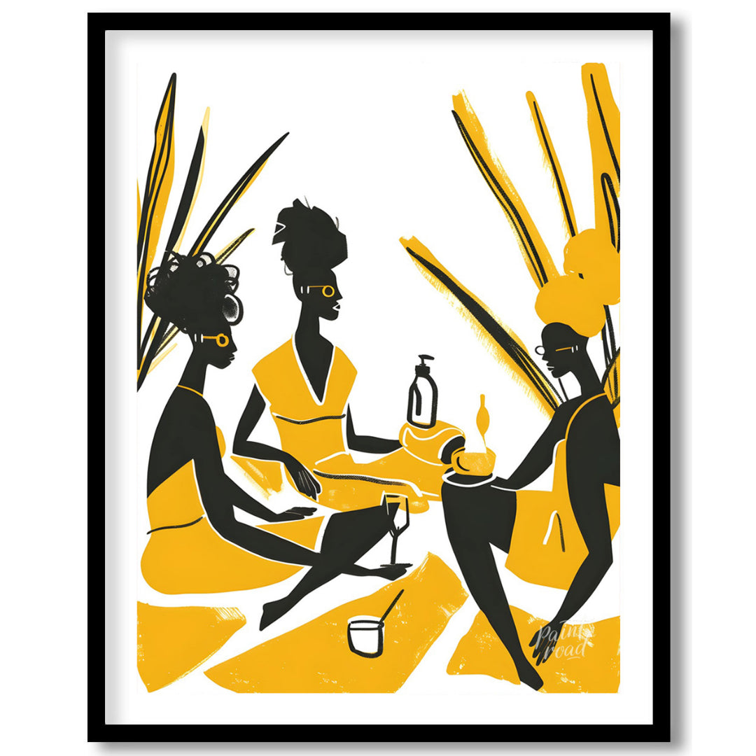 A vibrant and playful illustration depicting three women enjoying a leisurely picnic amidst a field… for house
