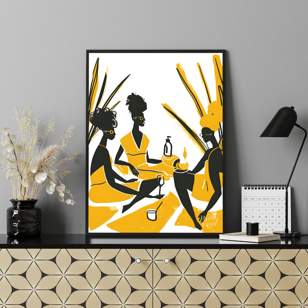 A vibrant and playful illustration depicting three women enjoying a leisurely picnic amidst a field… for living room