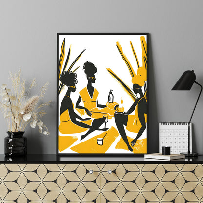 A vibrant and playful illustration depicting three women enjoying a leisurely picnic amidst a field… for living room