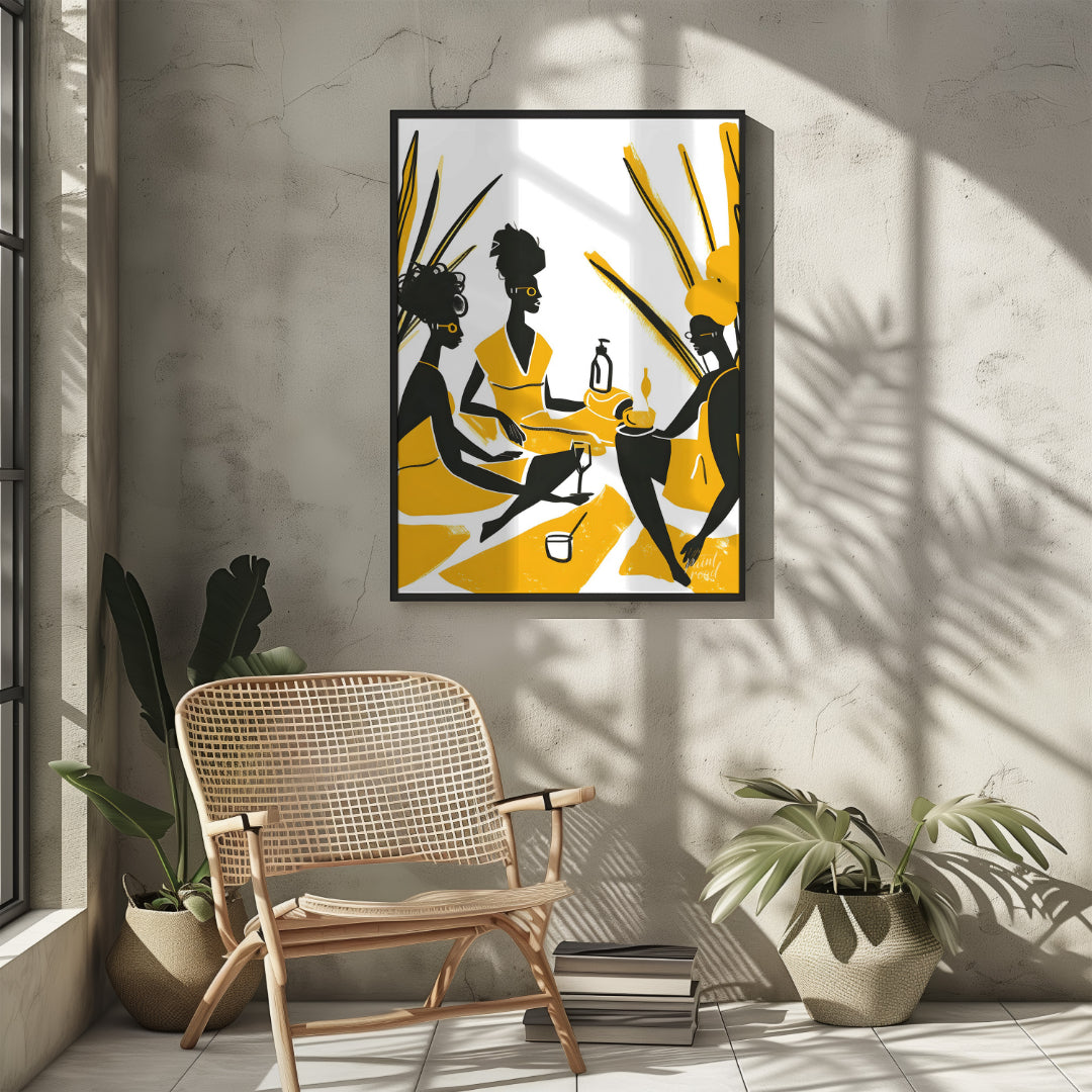 A vibrant and playful illustration depicting three women enjoying a leisurely picnic amidst a field… for living room