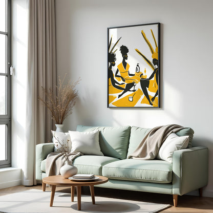 A vibrant and playful illustration depicting three women enjoying a leisurely picnic amidst a field… for living room