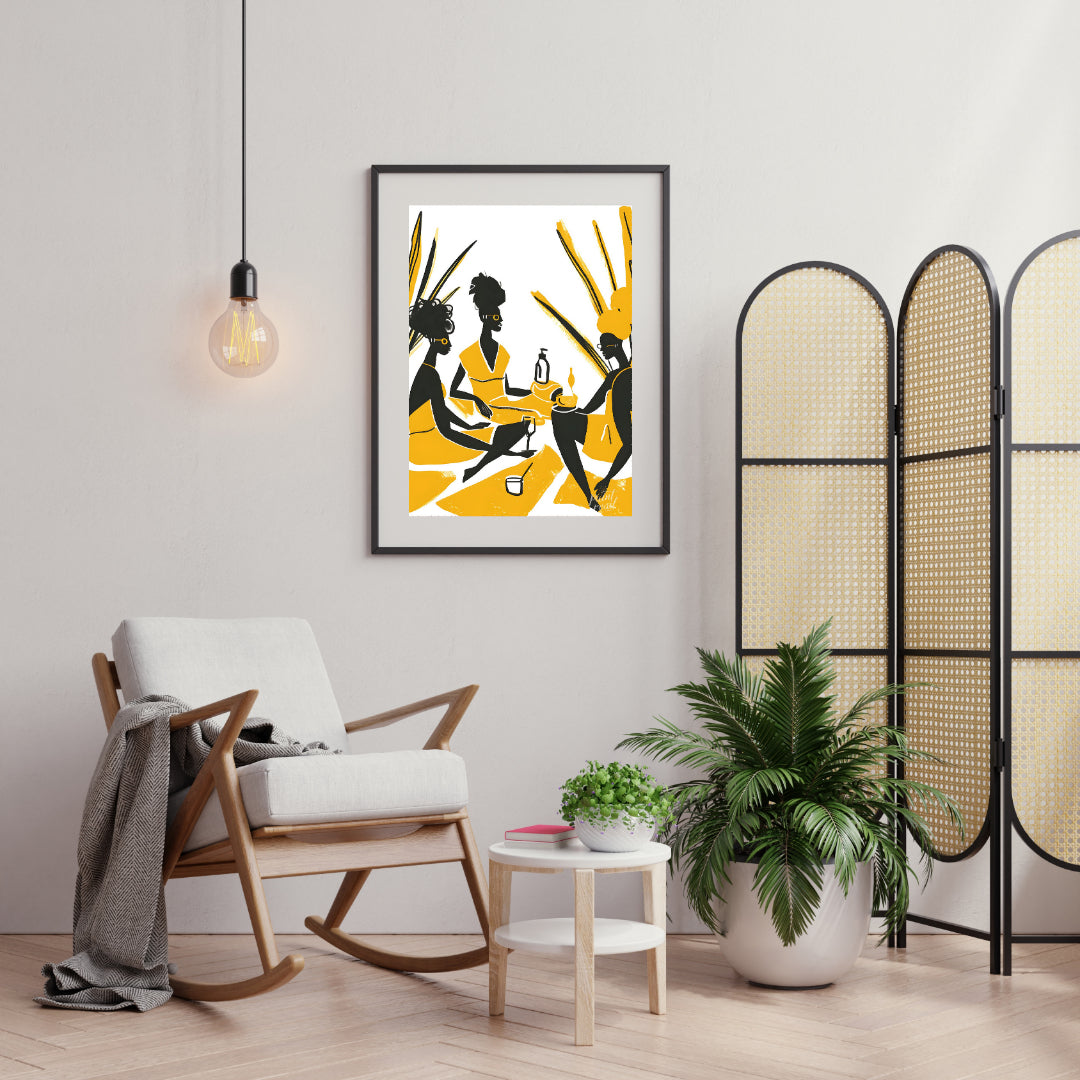 A vibrant and playful illustration depicting three women enjoying a leisurely picnic amidst a field… for living room