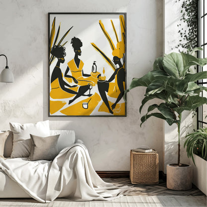 A vibrant and playful illustration depicting three women enjoying a leisurely picnic amidst a field… for living room
