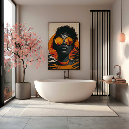 A striking portrait of a woman with a bold and confident gaze. The image is rendered in a vibrant c… for bathroom