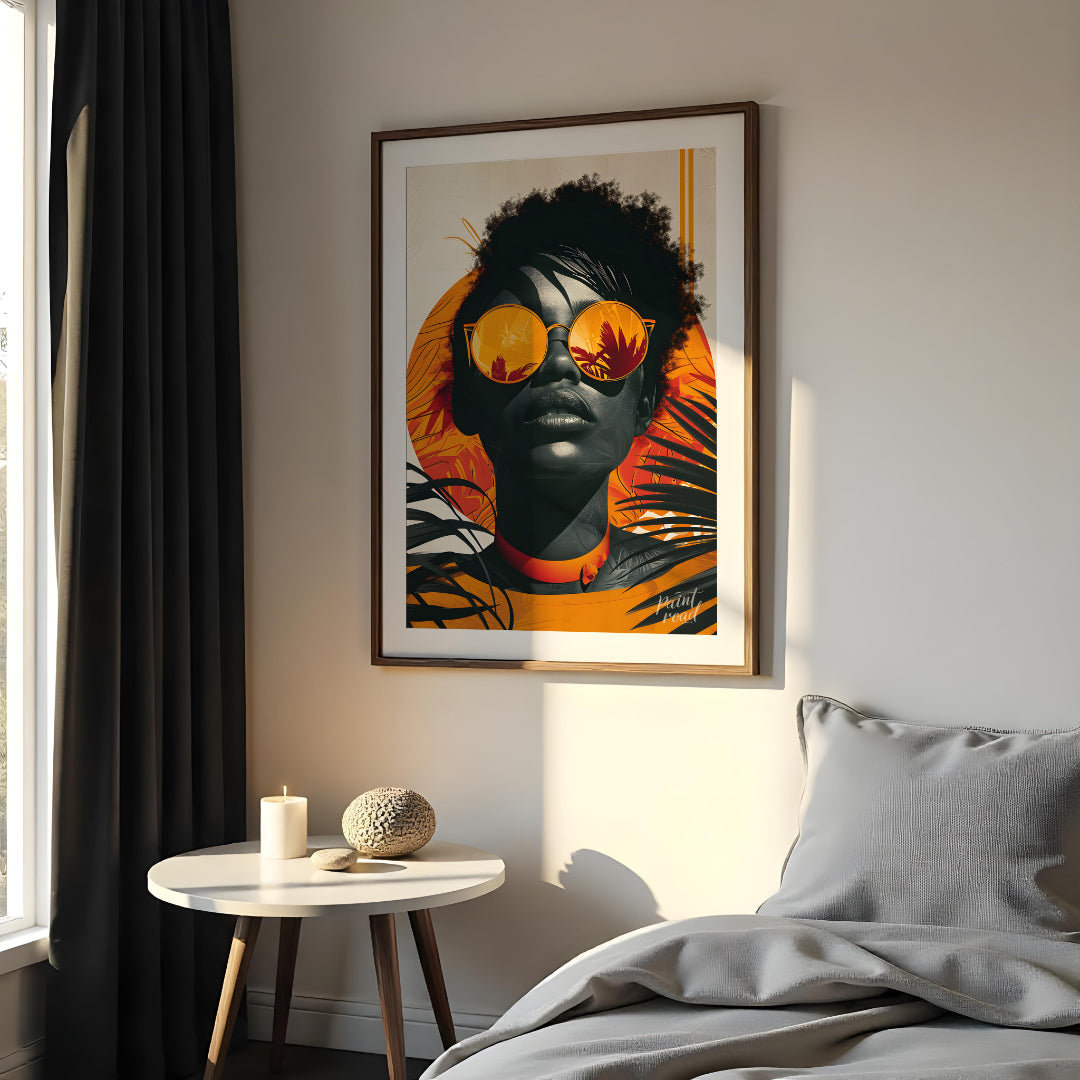 A striking portrait of a woman with a bold and confident gaze. The image is rendered in a vibrant c… for bedroom