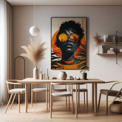 A striking portrait of a woman with a bold and confident gaze. The image is rendered in a vibrant c… for dining room