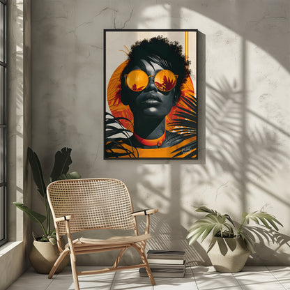 A striking portrait of a woman with a bold and confident gaze. The image is rendered in a vibrant c… for living room