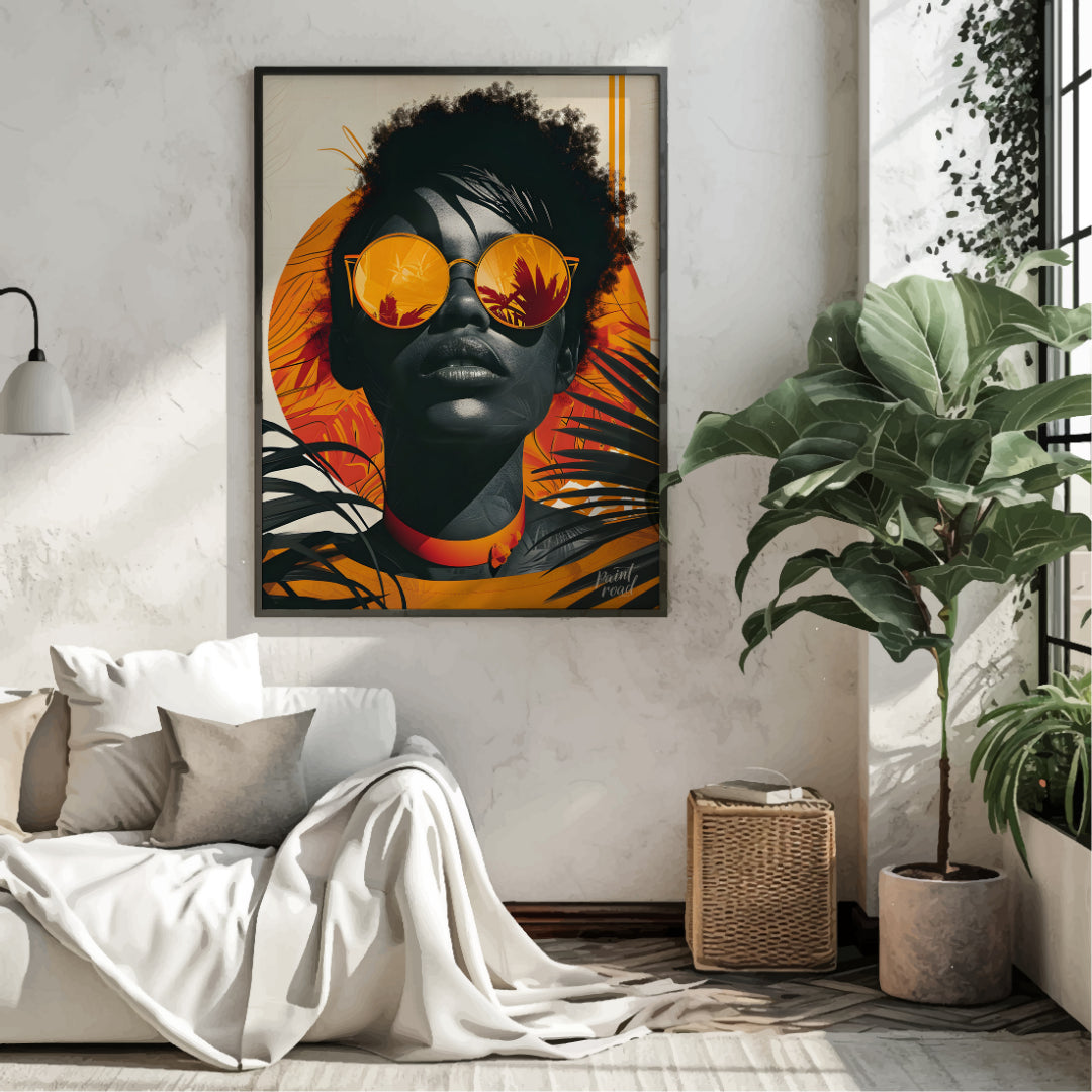 A striking portrait of a woman with a bold and confident gaze. The image is rendered in a vibrant c… for living room