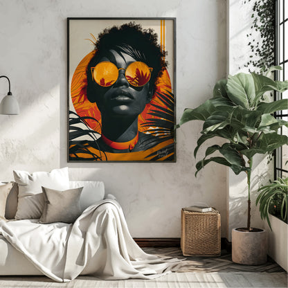 A striking portrait of a woman with a bold and confident gaze. The image is rendered in a vibrant c… for living room