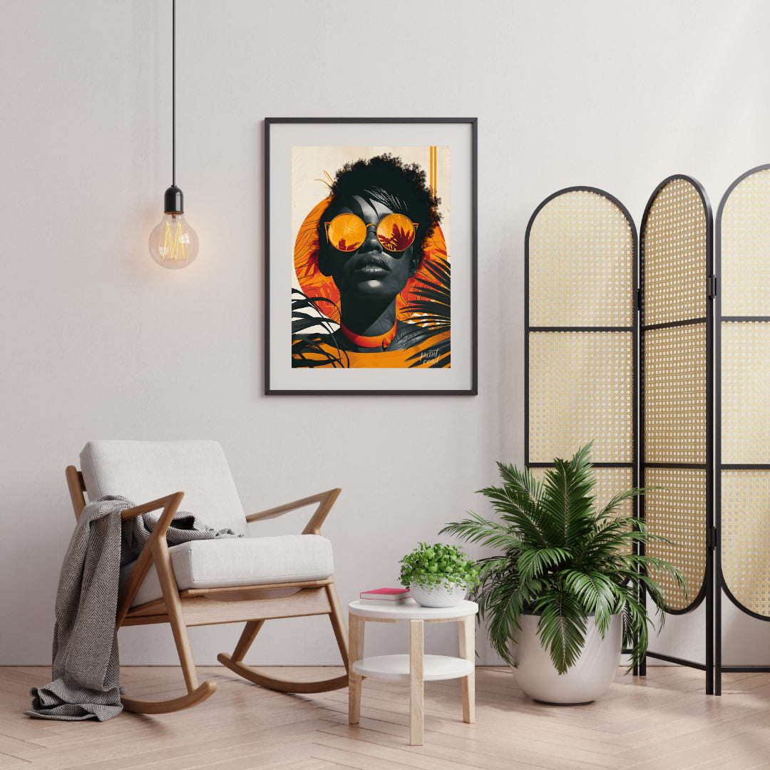 A striking portrait of a woman with a bold and confident gaze. The image is rendered in a vibrant c… for living room