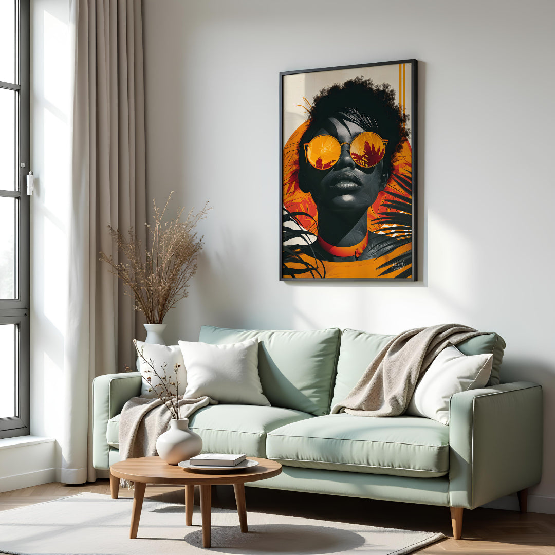 A striking portrait of a woman with a bold and confident gaze. The image is rendered in a vibrant c… for living room