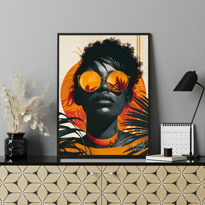 A striking portrait of a woman with a bold and confident gaze. The image is rendered in a vibrant c… for office