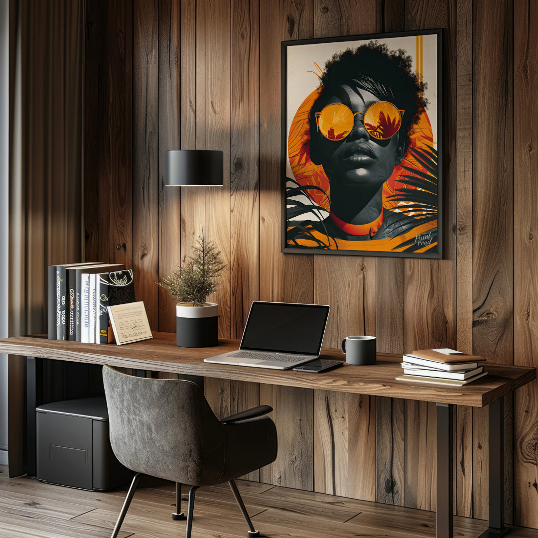 A striking portrait of a woman with a bold and confident gaze. The image is rendered in a vibrant c… for office