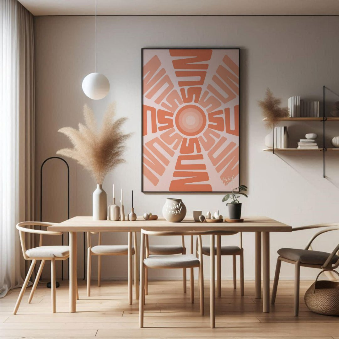 This captivating graphic features a stylized sun motif composed entirely of the word “SUN” repeated… for dining room