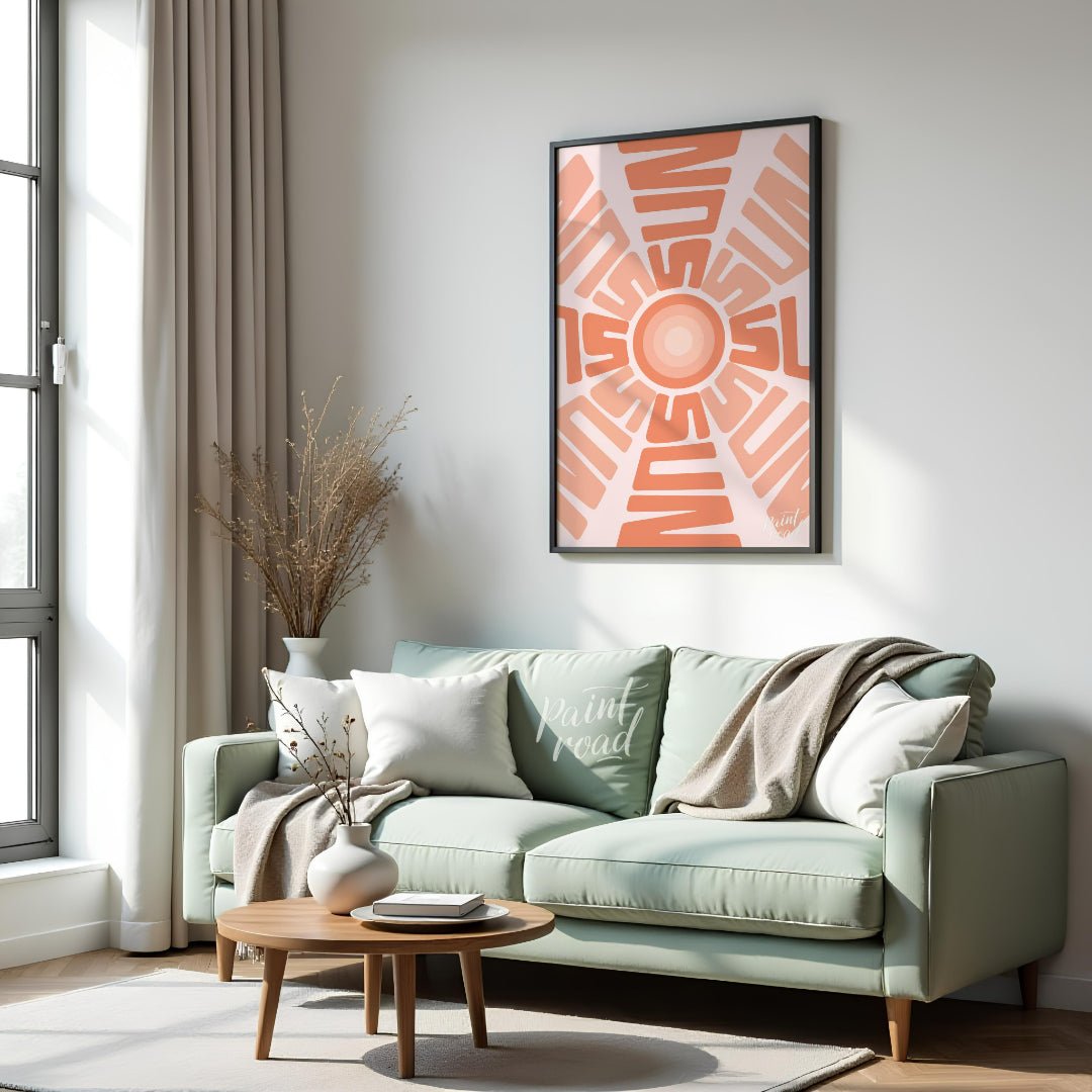 This captivating graphic features a stylized sun motif composed entirely of the word “SUN” repeated… for living room