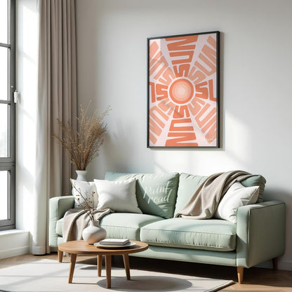 This captivating graphic features a stylized sun motif composed entirely of the word “SUN” repeated… for living room
