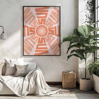 This captivating graphic features a stylized sun motif composed entirely of the word “SUN” repeated… for living room
