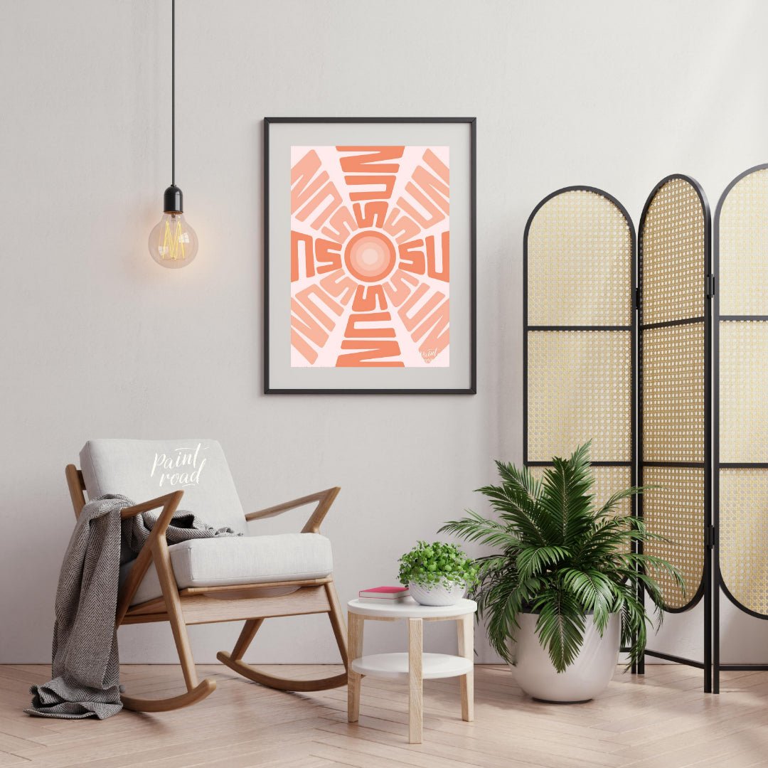 This captivating graphic features a stylized sun motif composed entirely of the word “SUN” repeated… for living room