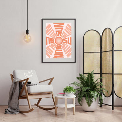 This captivating graphic features a stylized sun motif composed entirely of the word “SUN” repeated… for living room