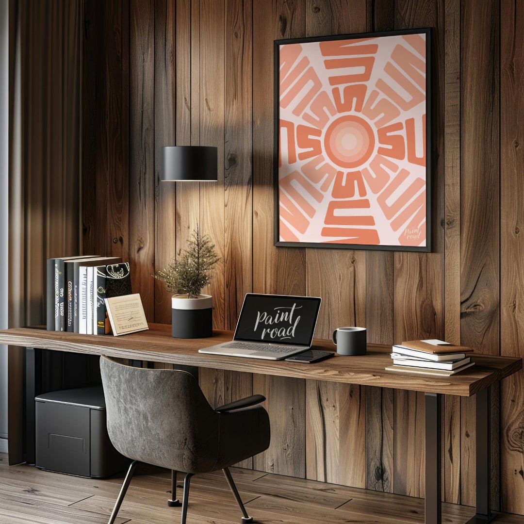 This captivating graphic features a stylized sun motif composed entirely of the word “SUN” repeated… for office