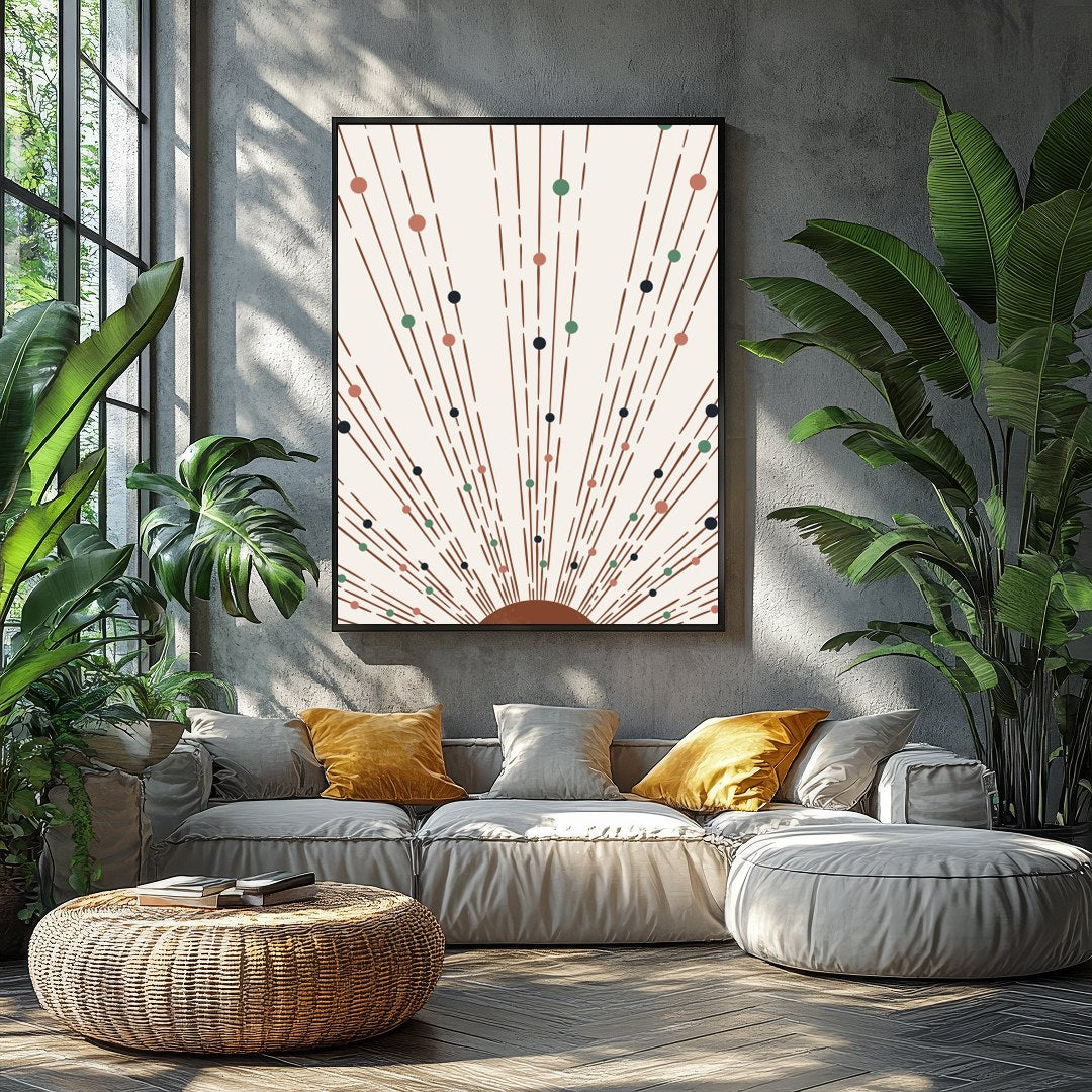 This captivating piece of artwork features a geometric sunburst pattern, combining earthy tones for Balcony
