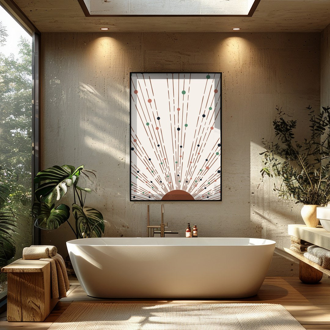 This captivating piece of artwork features a geometric sunburst pattern, combining earthy tones for Bathroom