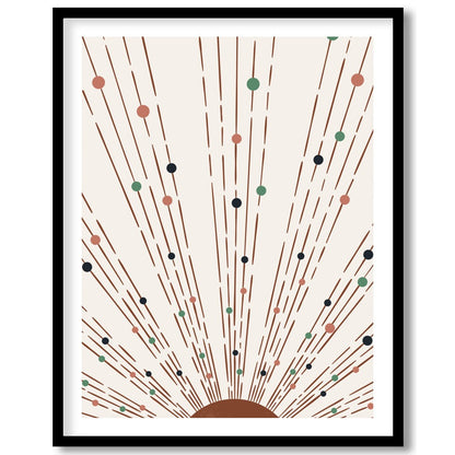 This captivating piece of artwork features a geometric sunburst pattern, combining earthy tones for decor