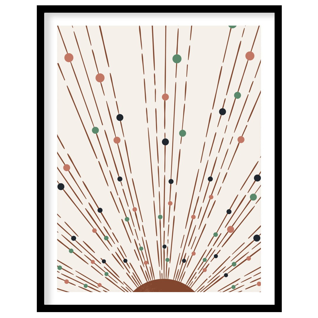 This captivating piece of artwork features a geometric sunburst pattern, combining earthy tones for decor