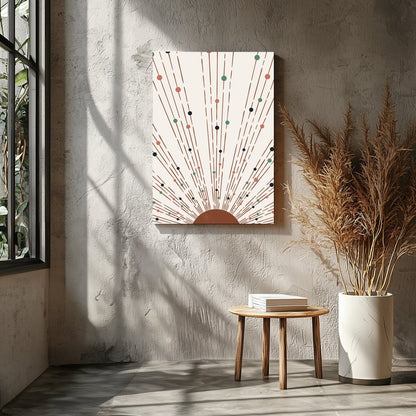 This captivating piece of artwork features a geometric sunburst pattern, combining earthy tones for Entrance