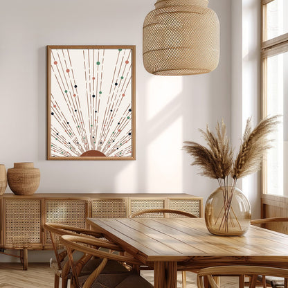 This captivating piece of artwork features a geometric sunburst pattern, combining earthy tones for Extra Kitchen