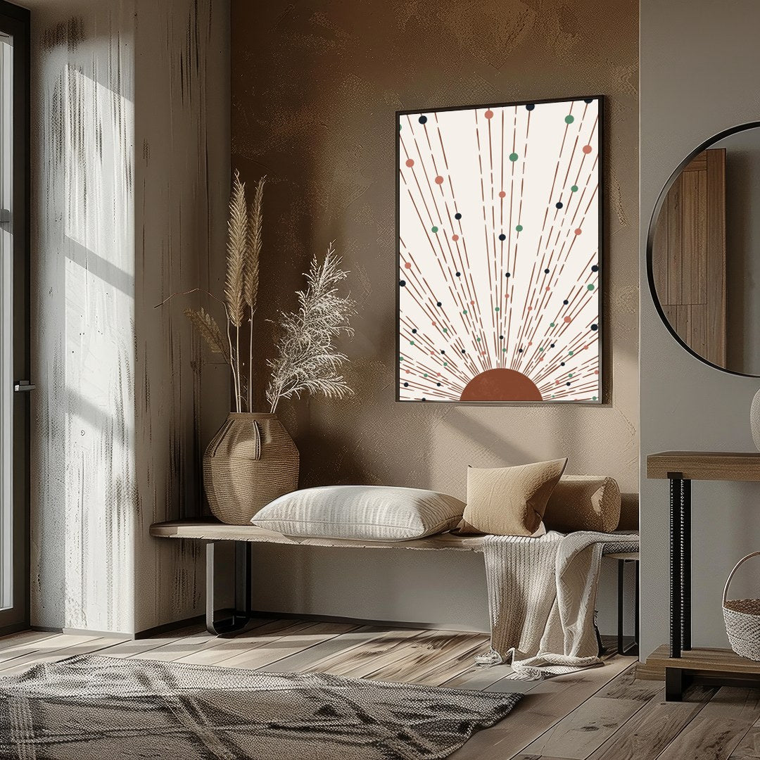 This captivating piece of artwork features a geometric sunburst pattern, combining earthy tones for gallery