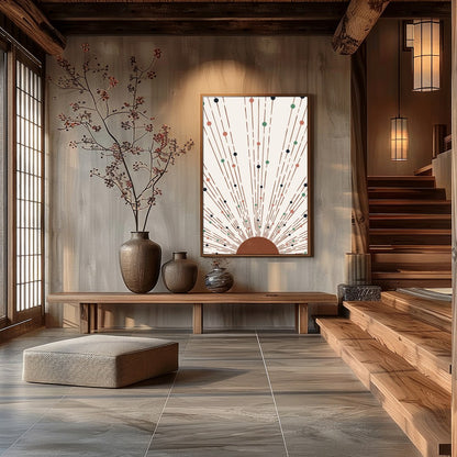 This captivating piece of artwork features a geometric sunburst pattern, combining earthy tones for Hall