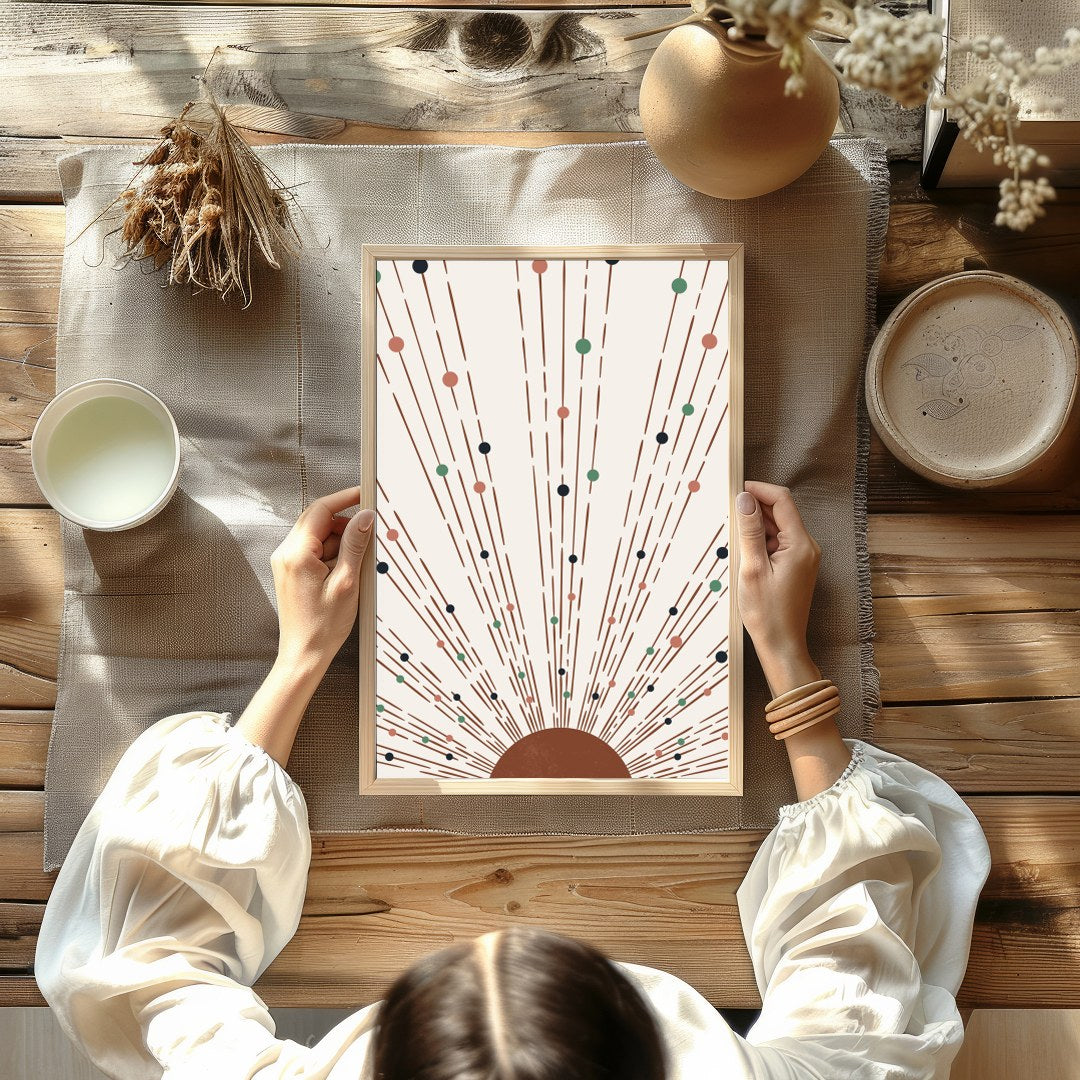 This captivating piece of artwork features a geometric sunburst pattern, combining earthy tones for Kitchen