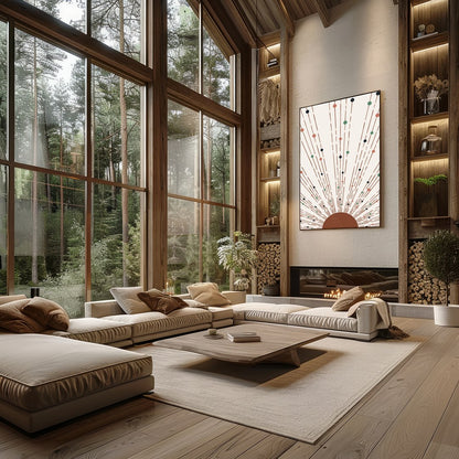 This captivating piece of artwork features a geometric sunburst pattern, combining earthy tones for Living Room