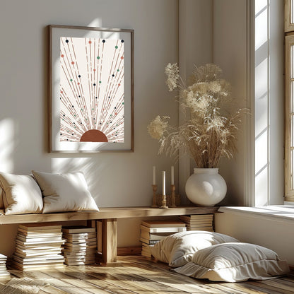 This captivating piece of artwork features a geometric sunburst pattern, combining earthy tones for office