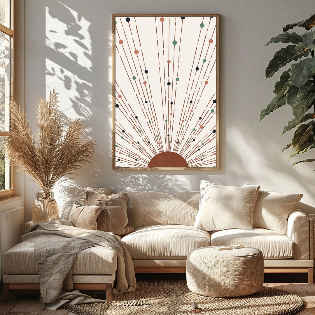 This captivating piece of artwork features a geometric sunburst pattern, combining earthy tones for Sitting Area