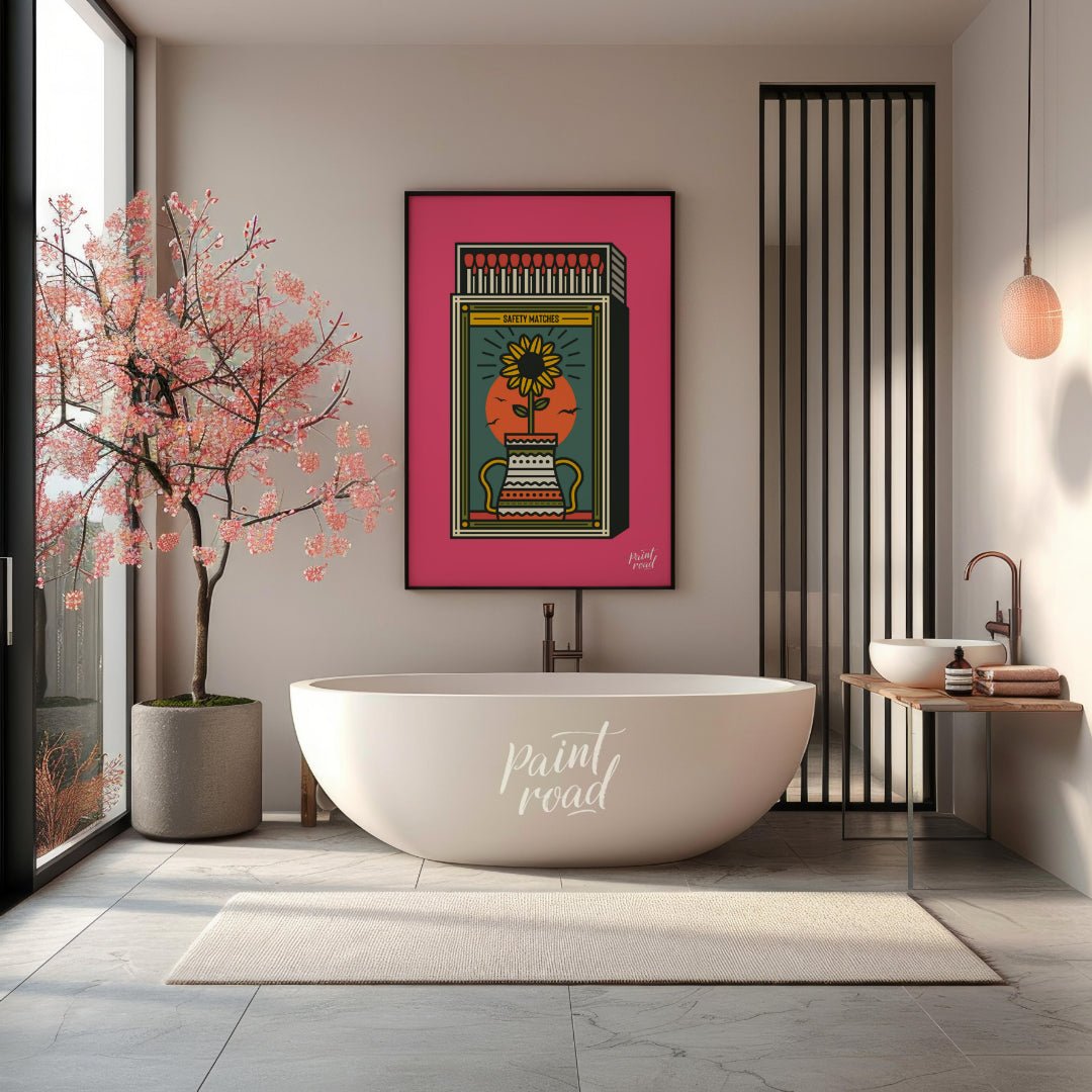 This captivating illustration reimagines a classic matchbox design with a vibrant, nature-inspired … for bathroom
