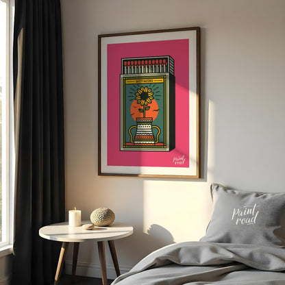This captivating illustration reimagines a classic matchbox design with a vibrant, nature-inspired … for bedroom
