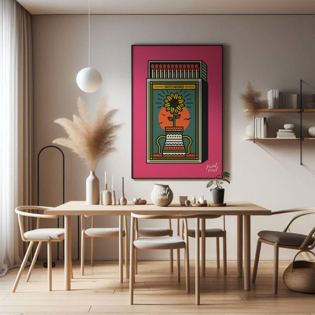 This captivating illustration reimagines a classic matchbox design with a vibrant, nature-inspired … for dining room