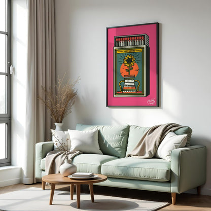 This captivating illustration reimagines a classic matchbox design with a vibrant, nature-inspired … for living room