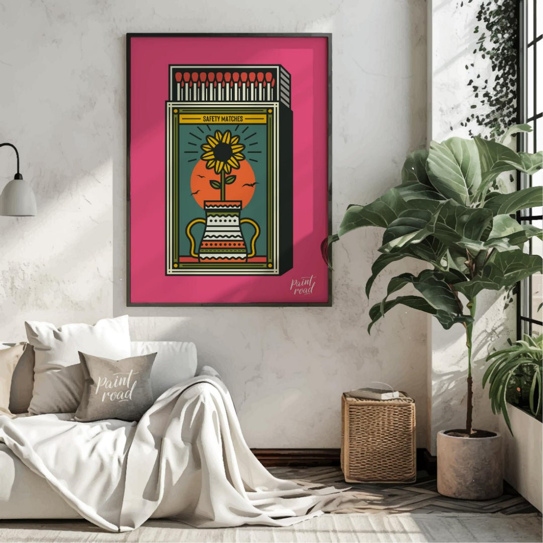 This captivating illustration reimagines a classic matchbox design with a vibrant, nature-inspired … for living room