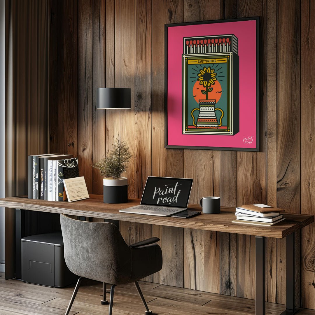 This captivating illustration reimagines a classic matchbox design with a vibrant, nature-inspired … for office