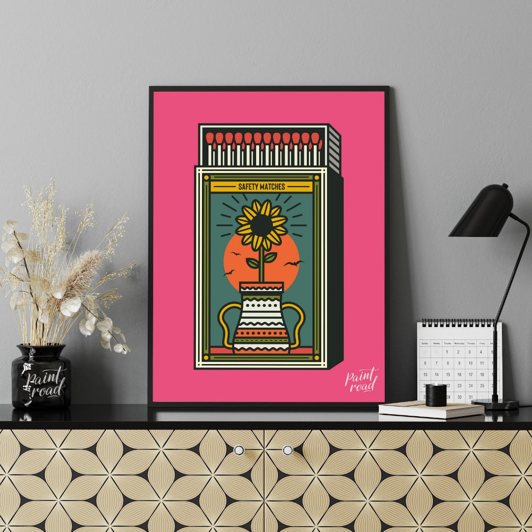 This captivating illustration reimagines a classic matchbox design with a vibrant, nature-inspired … for office