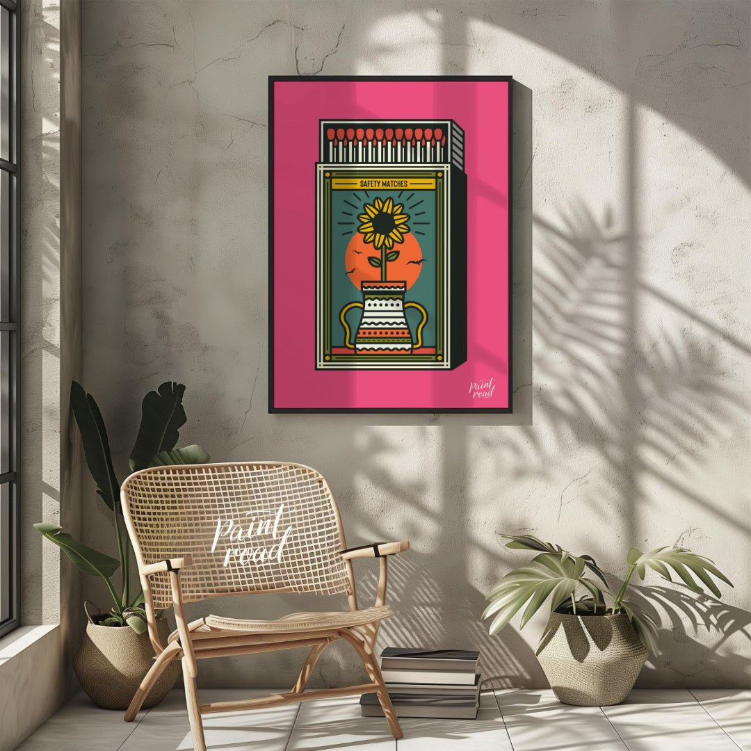 This captivating illustration reimagines a classic matchbox design with a vibrant, nature-inspired … for other