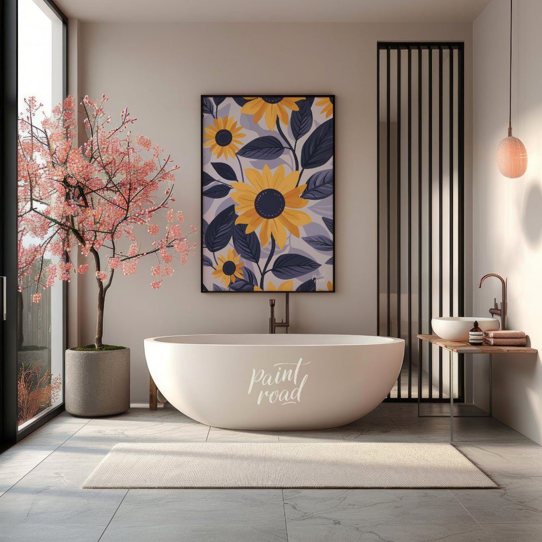 This vibrant digital pattern features stylized sunflowers with bright yellow petals and dark navy c… for bathroom